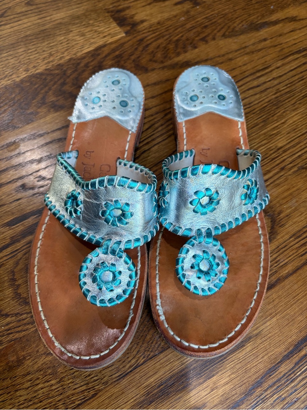 Jack Rogers Original Jacks Silver & Metallic Teal Leather Sandals, size 8/8.5